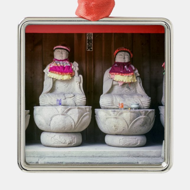 Row of Jizo monk statues with bib and hat - Japan Metal Ornament (Front)