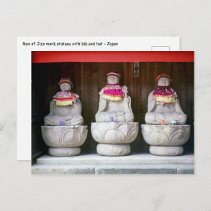 Row of Jizo monk statues with bib and hat - Japan Postcard