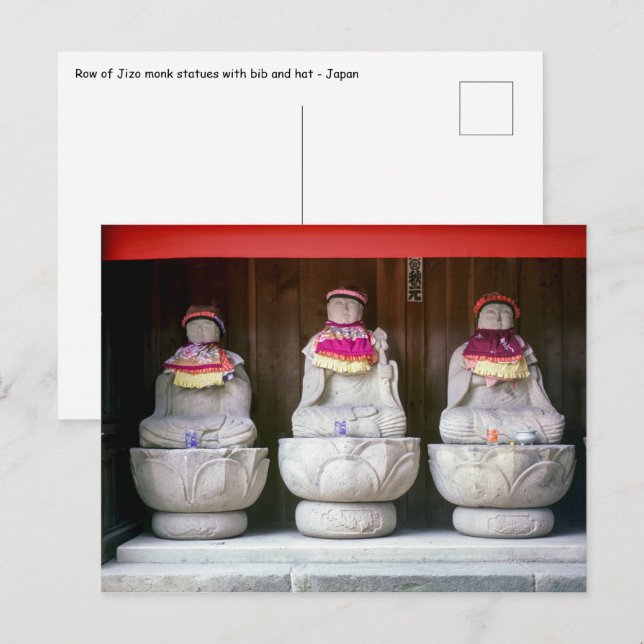 Row of Jizo monk statues with bib and hat - Japan Postcard (Front/Back)