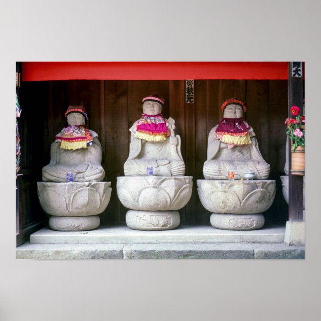Row of Jizo monk statues with bib and hat - Japan Poster (Front)