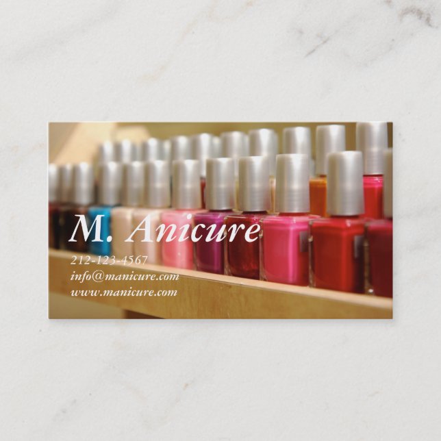 row of multi coloured nailpolishes business card (Front)