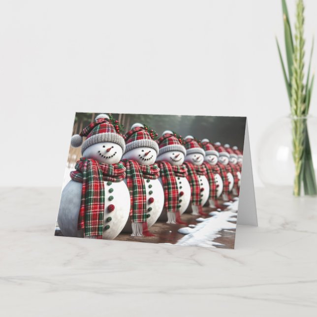 Row of Snowmen Wearing Tartan Plaid Scarves Holiday Card (Front)