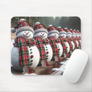 Row of Snowmen Wearing Tartan Plaid Scarves Mouse Pad