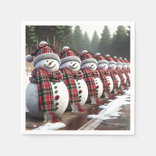 Row of Snowmen Wearing Tartan Plaid Scarves Napkin (Front)