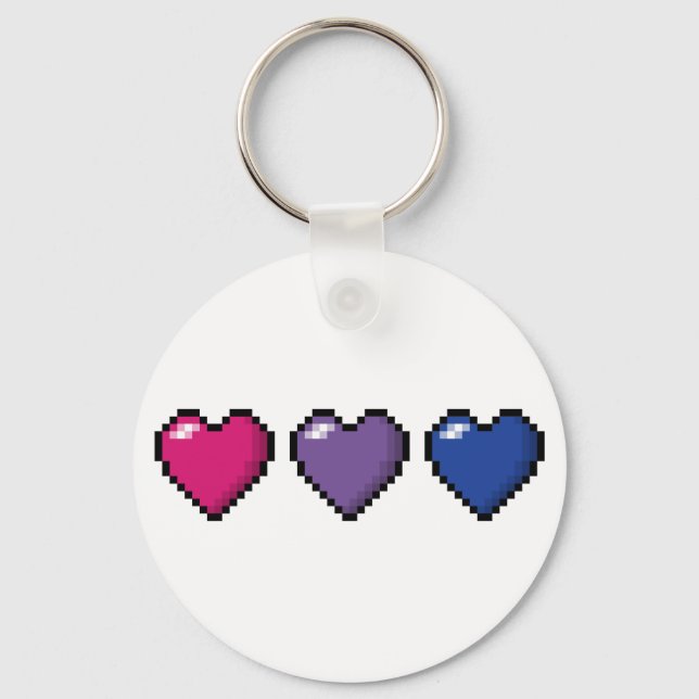 Row of Three Bisexual Pride Flag Pixel Hearts Key Ring (Front)