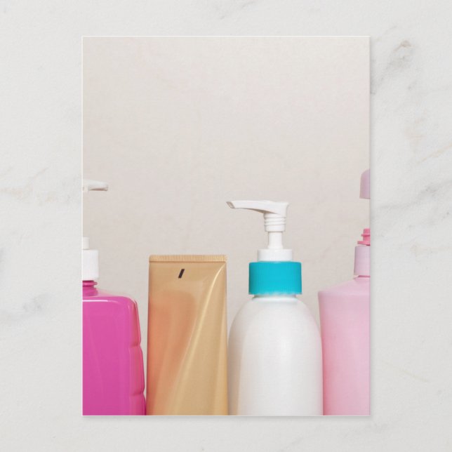 Row of toiletry bottles postcard (Front)