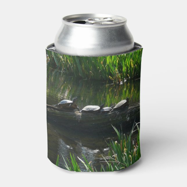 Row of Turtles Green Nature Photo Can Cooler (Can Front)