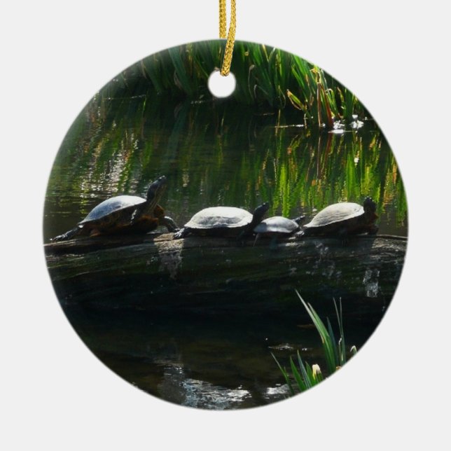 Row of Turtles Green Nature Photo Ceramic Tree Decoration (Front)