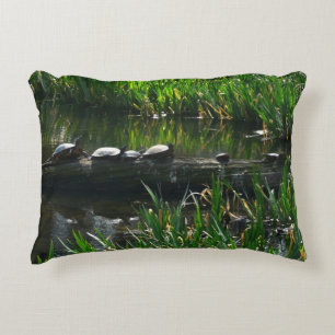 Row of Turtles Green Nature Photo Decorative Cushion