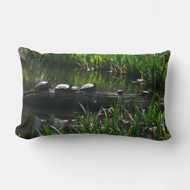 Row of Turtles Green Nature Photo Lumbar Cushion (Front)