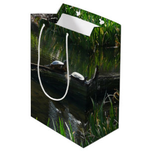 Row of Turtles Green Nature Photo Medium Gift Bag