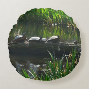 Row of Turtles Green Nature Photo Round Cushion