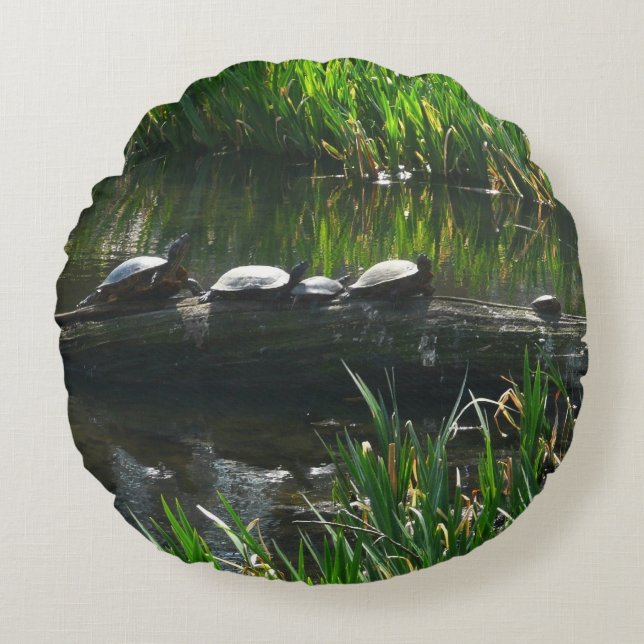 Row of Turtles Green Nature Photo Round Cushion (Front)
