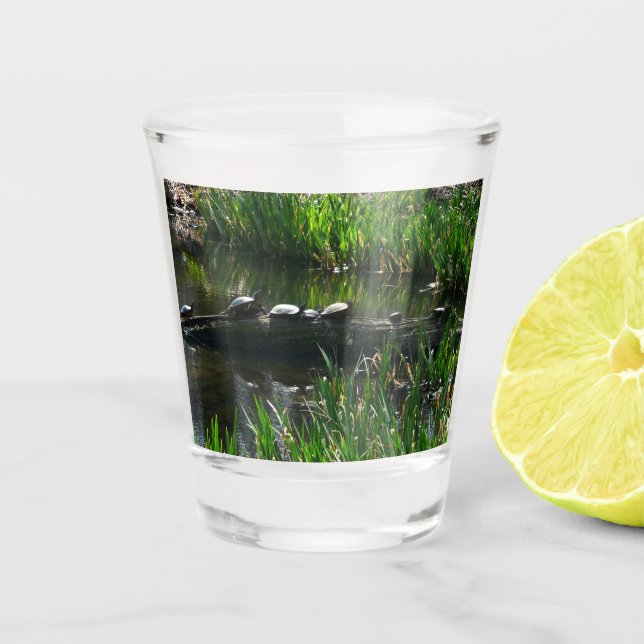 Row of Turtles Green Nature Photo Shot Glass (Front)