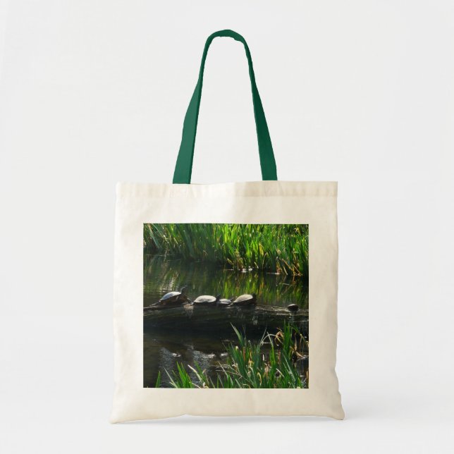 Row of Turtles Green Nature Photo Tote Bag (Front)