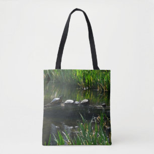 Row of Turtles Green Nature Photo Tote Bag