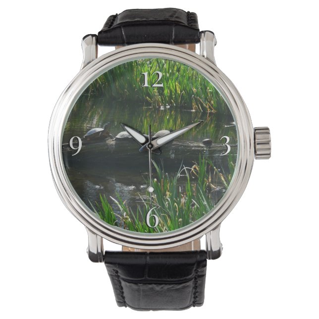 Row of Turtles Green Nature Photo Watch (Front)
