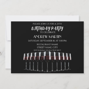 Row of wine glasses with red wine on black invitation