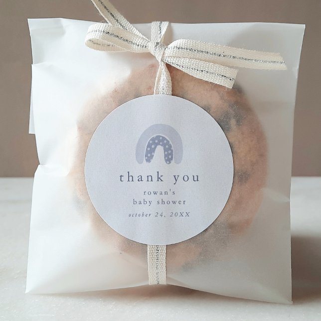 ROWAN Boy Blue Boho Rainbow Baby Shower Thank You Classic Round Sticker (ROWAN Boy Blue Boho Rainbow Baby Shower Thank You Classic Round Sticker)