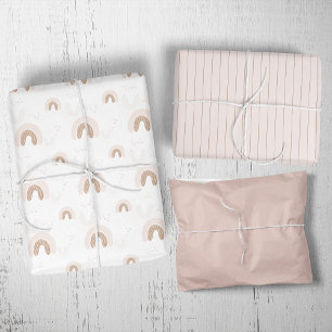 ROWAN Summer Girl Pink Boho Rainbow Baby Shower Wrapping Paper Sheet