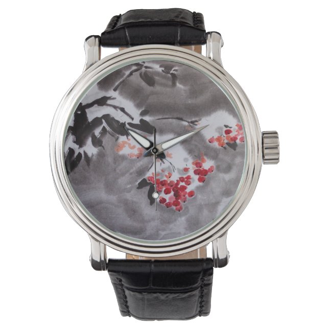 Rowan tree in snow sumie ink watercolor painting watch (Front)