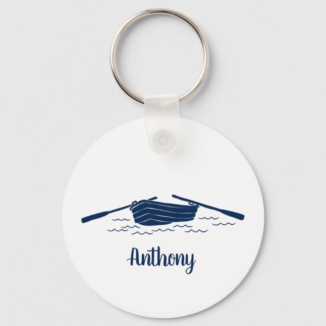 Rowboat Graphic in Navy Blue Personalised Key Ring (Front)