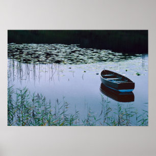 Rowboat on small lake surrounded by water poster