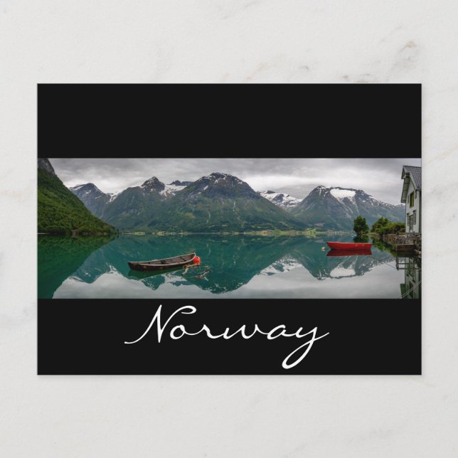 Rowboats with reflection in Norway black text card (Front)