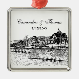 Rowers on River With Boathouse Black Metal Ornament