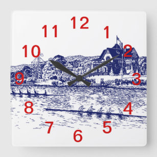 Rowers on River With Boathouse Square Wall Clock