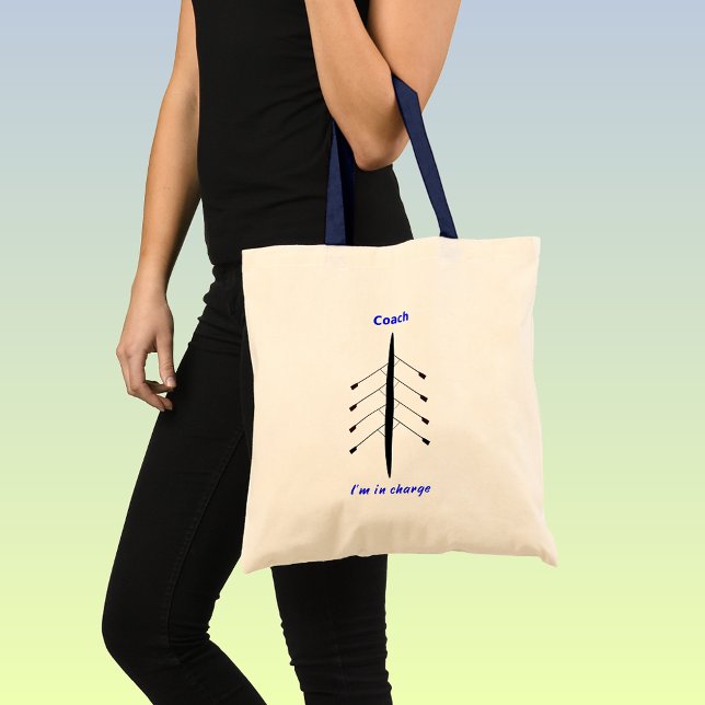 Rowing coach in charge slogan tote bag (Showing the navy handles option)