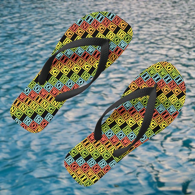 Rowing colourful lettering pattern thongs (This example: wide black straps)
