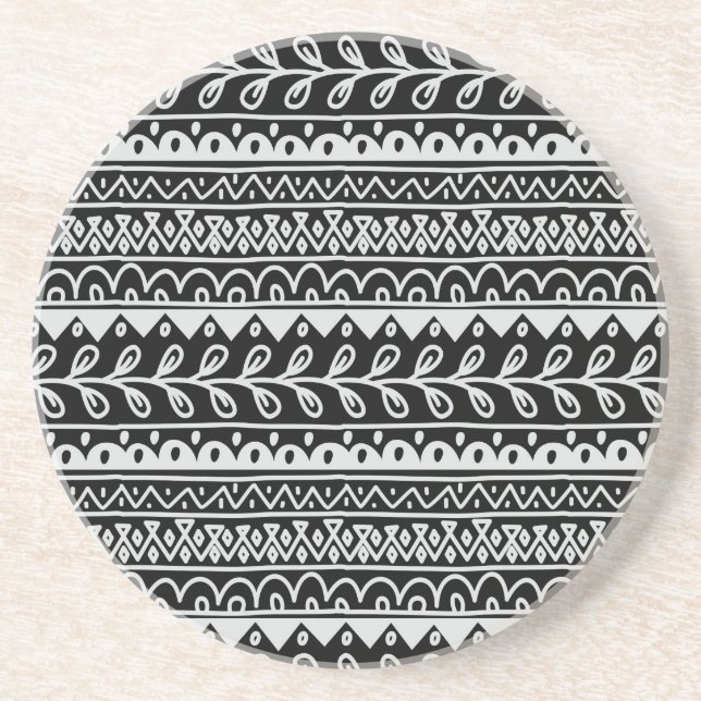 Rows of Black and White Doodle Patterns Coaster (Front)