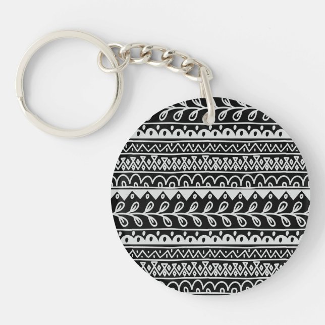 Rows of Black and White Doodle Patterns Key Ring (Front)