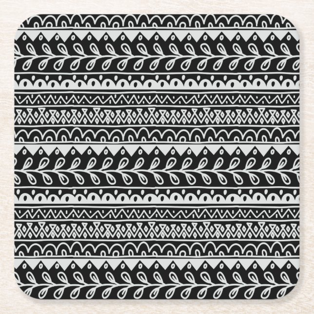 Rows of Black and White Doodle Patterns Square Paper Coaster (Front)