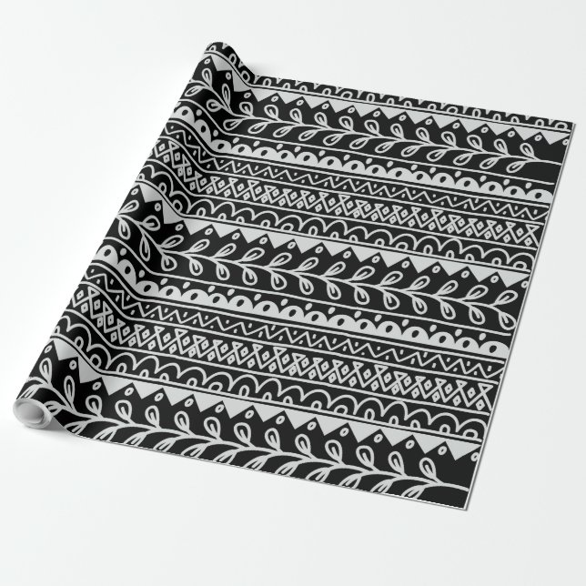 Rows of Black and White Doodle Patterns Wrapping Paper (Unrolled)