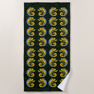 Rows of Bright Colourful Smiling Lizards Green Dot Beach Towel