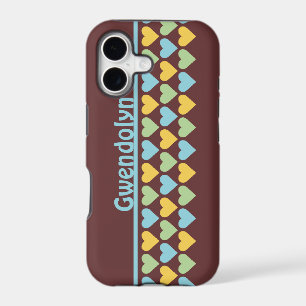 Rows of hearts pattern blue green personalise name