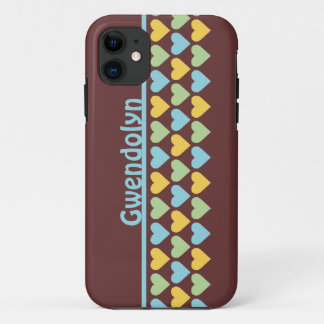 Rows of hearts pattern blue green personalise name iPhone 11 case