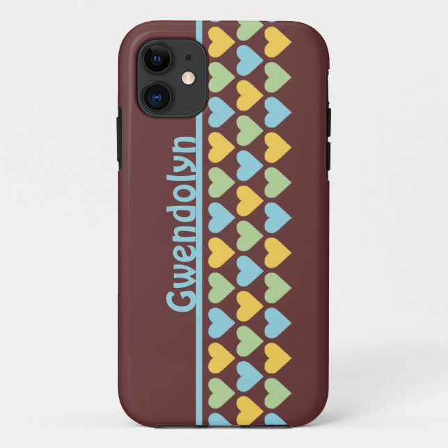 Rows of hearts pattern blue green personalise name Case-Mate iPhone case (Back)