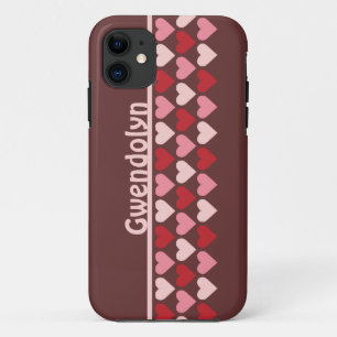 Rows of hearts pattern red pink personalised name iPhone 11 case