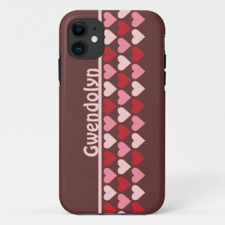 Rows of hearts pattern red pink personalised name iPhone 11 case