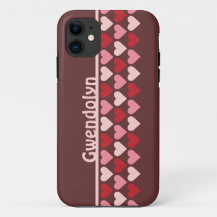 Rows of hearts pattern red pink personalised name iPhone 11 case