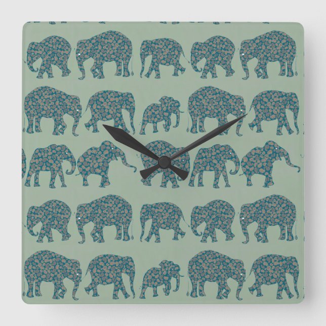 Rows of Paisley Elephants on Sage Green Wall Clock (Front)