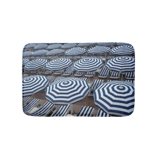 Rows Of Striped Beach Umbrellas With Sun Beds Bath Mat (Front)