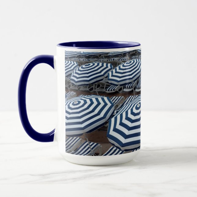Rows Of Striped Beach Umbrellas With Sun Beds Mug (Left)