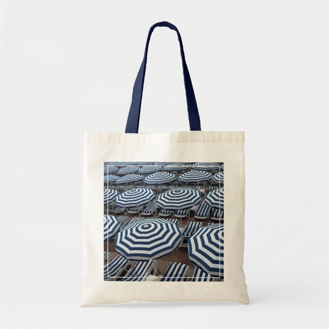 Rows Of Striped Beach Umbrellas With Sun Beds Tote Bag (Front)