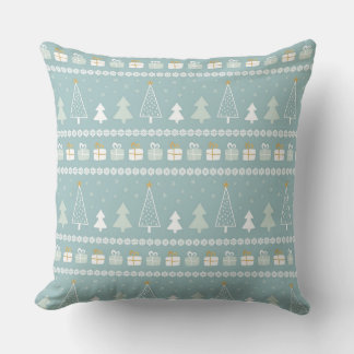 ROWS OF TEAL CHRISTMAS TREES & PRESENTS CUSHION