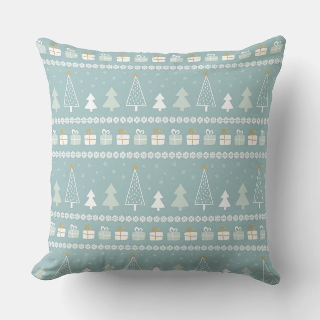 ROWS OF TEAL CHRISTMAS TREES & PRESENTS CUSHION (Front)