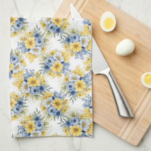 ROWS OF TINY BLUE YELLOW WHITE FLOWERS TEA TOWEL